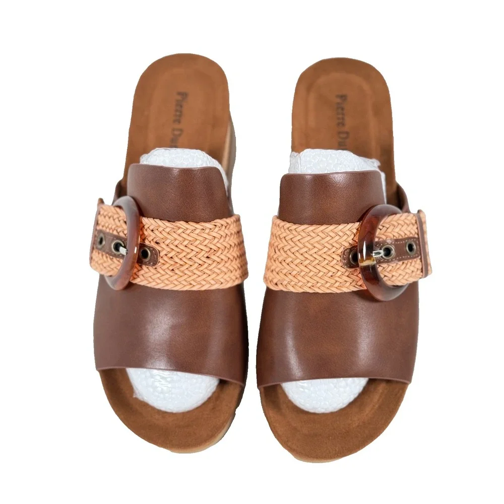 Pierre Dumas Hit9 Whiskey Combo Wedge Slide Sandals New Sz 9 M